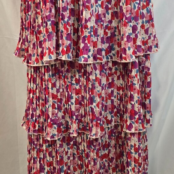 Lucy Paris Dress Floral Pleated Size Medium Red Purple Ruffles Adjustable Straps - Picture 2 of 10